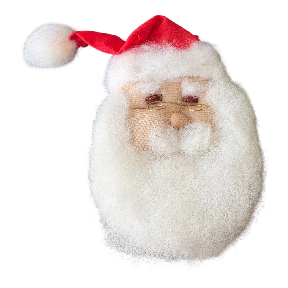 Handmade Santa Face Christmas Ornament Fabric Faux Fur Wire Glasses Holiday